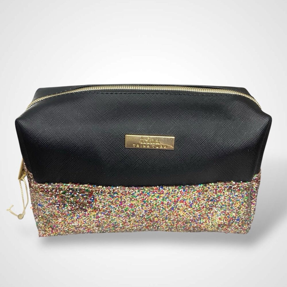 Trina Turk Makeup Cosmetics Bag Travel Pouch Black Multi Glitter 8x5" Glamorous